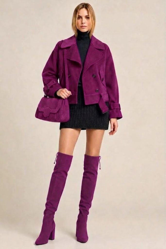 Women's plum purple custom-made thigh-high boots with round toe and high block heel- Top view